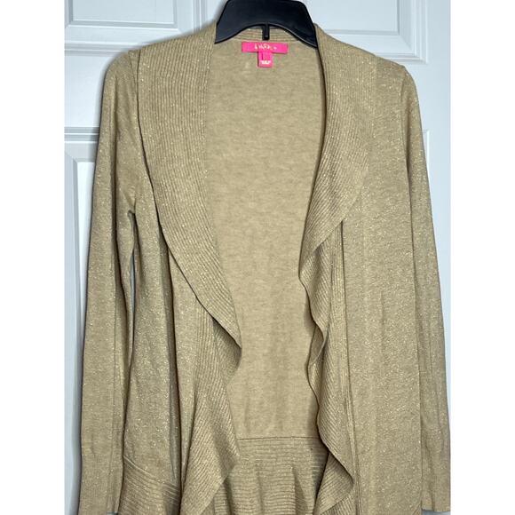 Lilly Pulitzer Medium Abelle Cashmere Blend Gold Tan Metallic Waterfall Cardigan - Picture 2 of 8